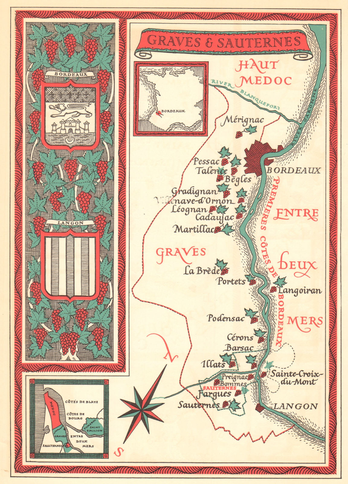 Graves and Sauternes wine map. Carte vinicole. Bordeaux Gironde 1957 old